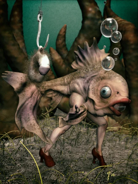 Something Fishy: a.k.a “Sometimes a guy’s gotta take a break from making skulls and focus on what is really important. It’s fish. Fish and legs that go for days. Where are they going? I wouldn’t dare assume. “