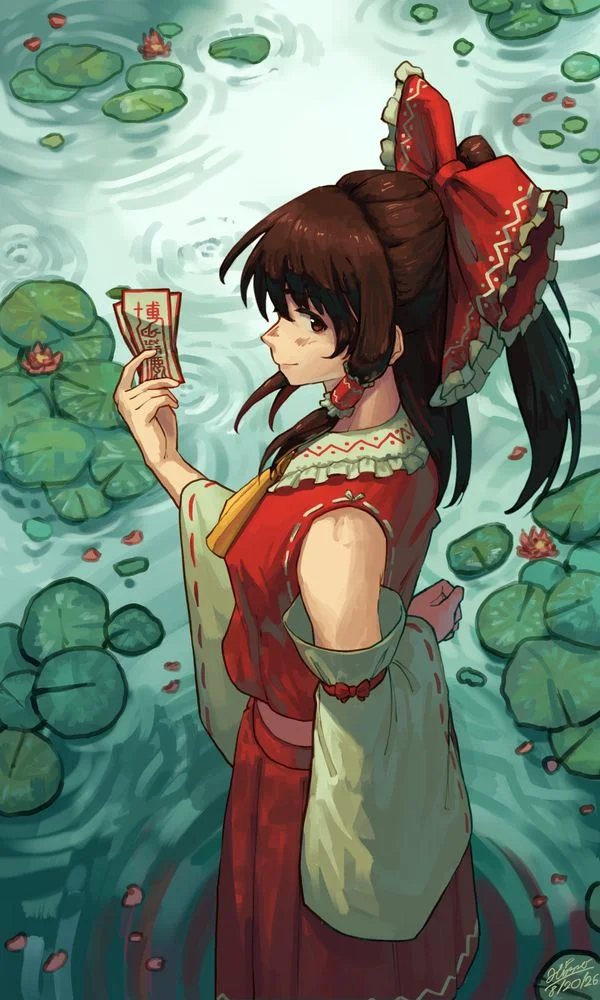 The Miko of Hakurei Shrine: Reimu beside a pond of lily pads.