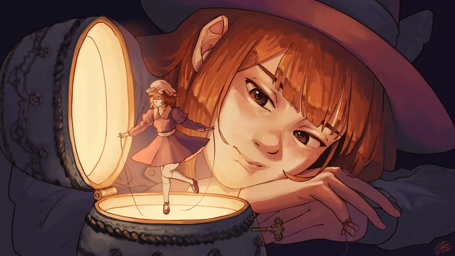 Renko watches a spinning ballerina Maribel on a music box.