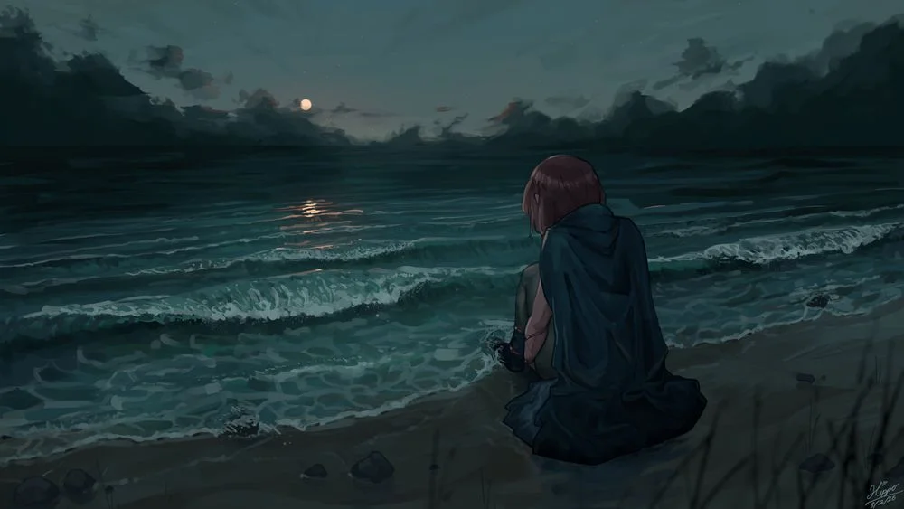 Lit in fading twilight, illusory Aura sits curled up along the ocean shore.